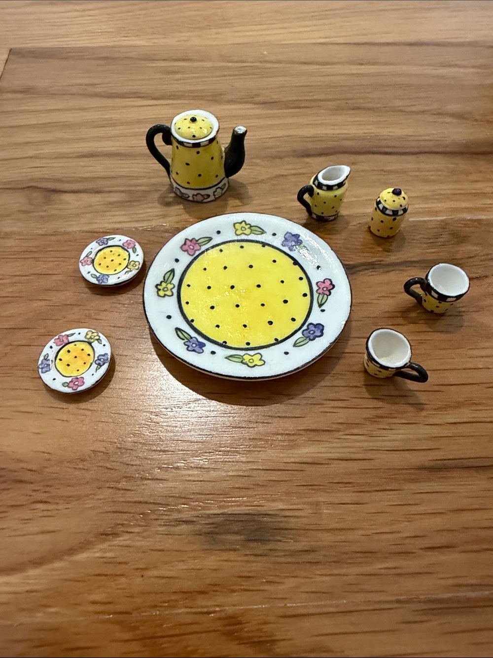 Miniature Dollhouse Tea Set 10 Pc Hand Painted Yellow Floral Ceramic 1:12